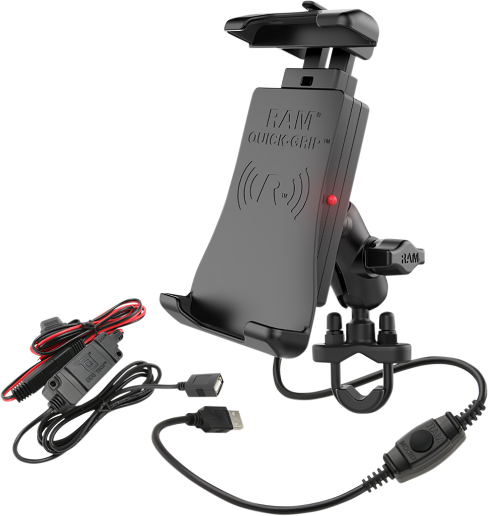 RAM MOUNT Quick-Grip™ Waterproof Wireless Charging Handlebar Mount with U-Bolt and Hardwire Charger Quick-Grip™ Waterproof Wireless Charging Mount - Team Dream Rides