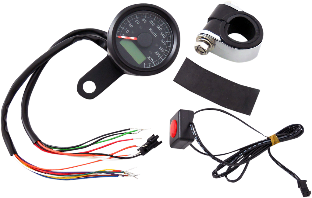 DRAG SPECIALTIES 1-7/8" Programmable Speedometer with Indicator Lights - Gloss Black - 220 KPH LED Black Face 1-7/8" Programmable Metric Speedometer with Indicator Lights - Team Dream Rides
