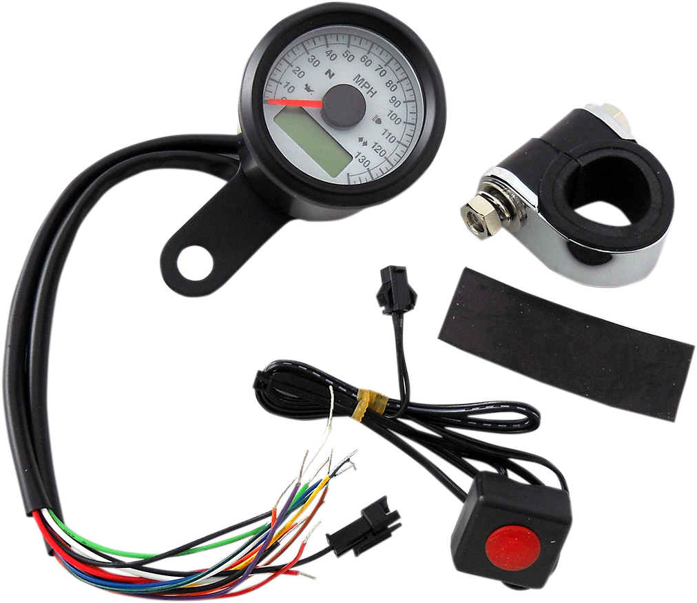 DRAG SPECIALTIES 1-7/8" Programmable Speedometer with Indicator Lights - Gloss Black - 120 MPH LED White Face 1-7/8" Programmable Imperial Speedometer with Indicator Lights - Team Dream Rides