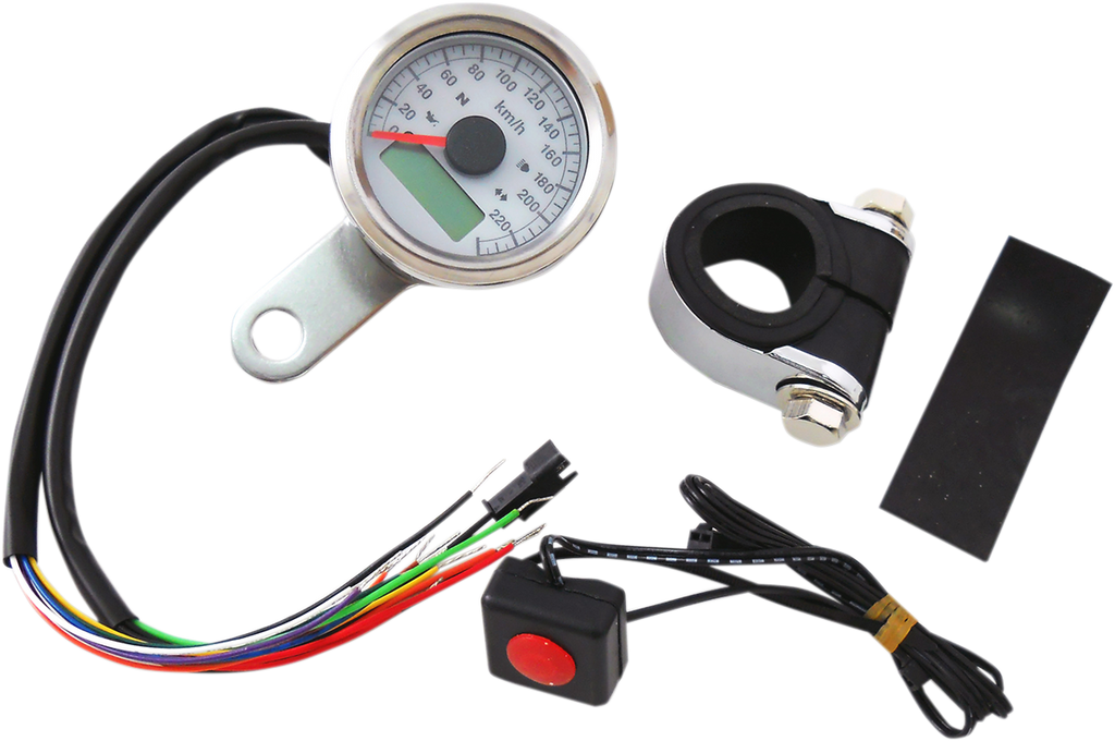 DRAG SPECIALTIES 1-7/8" Programmable Speedometer with Indicator Lights - Stainless Steel - 220 KPH LED White Face 1-7/8" Programmable Metric Speedometer with Indicator Lights - Team Dream Rides