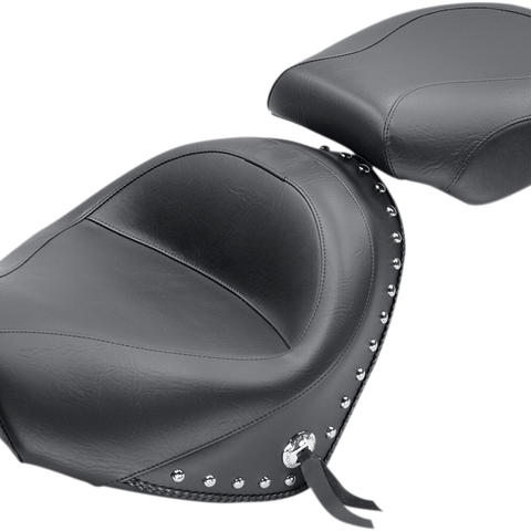 MUSTANG Seat - Wide - Touring - Without Backrest - Two-Piece - Chrome Studded - Black w/Conchos - Suzuki 76060 - Team Dream Rides