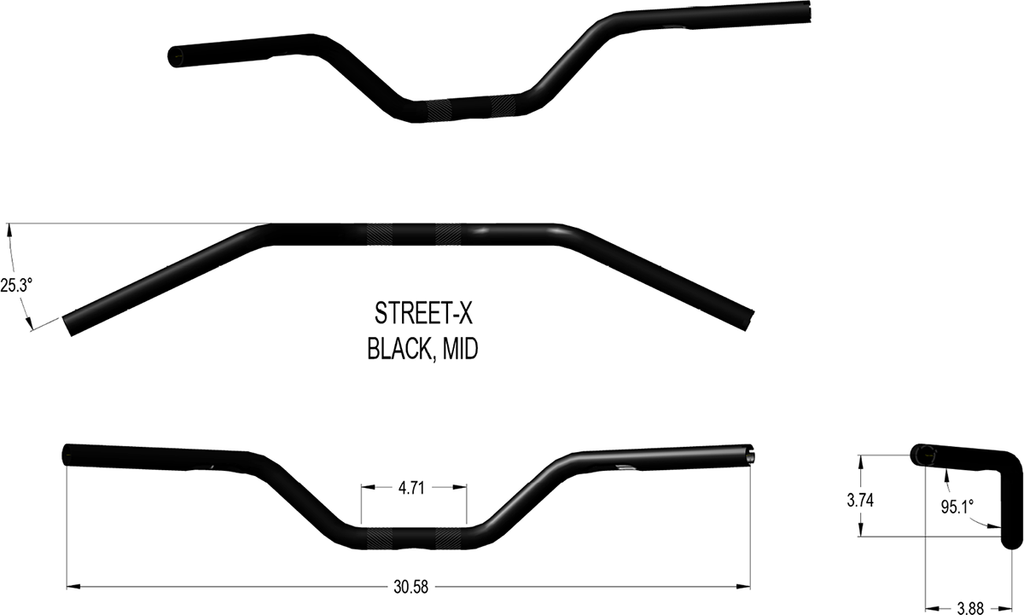 KHROME WERKS Street-X Handlebars Mid Bend Black (Part #300904)