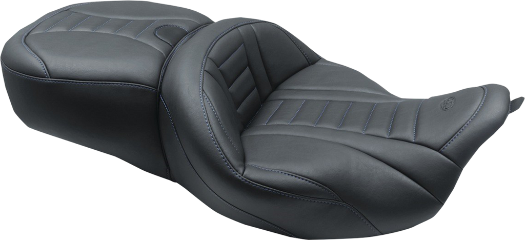 MUSTANG One-Piece Deluxe Touring Seat - Black w/ Sky Blue Stitching 79006SB - Team Dream Rides