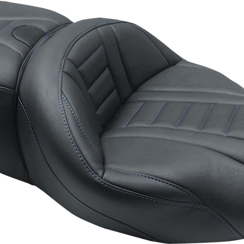 MUSTANG One-Piece Deluxe Touring Seat - Black w/ Sky Blue Stitching 79006SB - Team Dream Rides