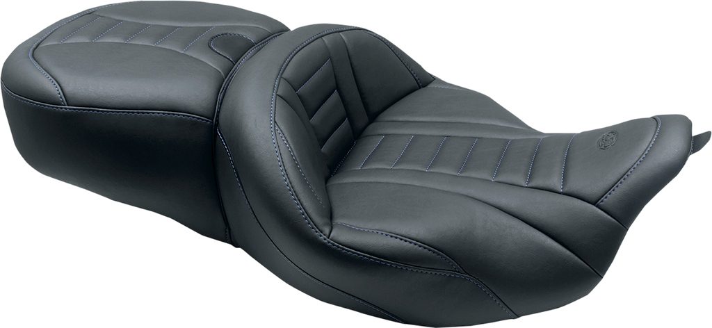 MUSTANG One-Piece Deluxe Touring Seat - Black w/ Sky Blue Stitching 79006SB - Team Dream Rides