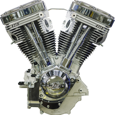 S&S Cycle V124 Long Block Engine 310-1160 for Big Twin Alternator-Style Primary, Chrome/Natural