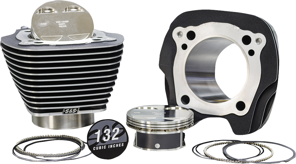 S&S CYCLE 132" Big Bore Cylinder Kit for 114"/117" Engines – M8 910-0847, Black Granite with Highlighted Fins
