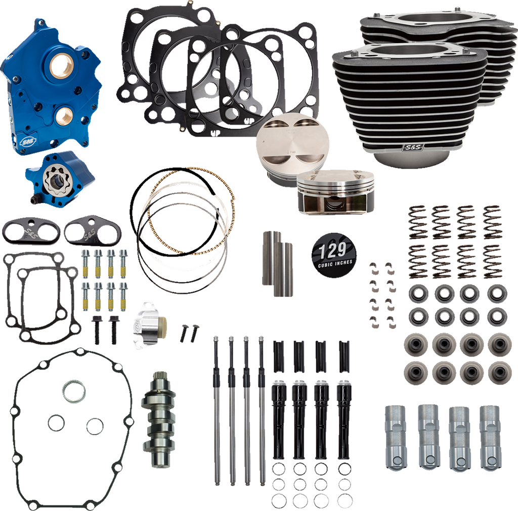 S&S CYCLE 129" Power Package Engine Performance Kit for M8 – Chain Drive, Oil Cooled, Highlighted Fins – Part 310-1225