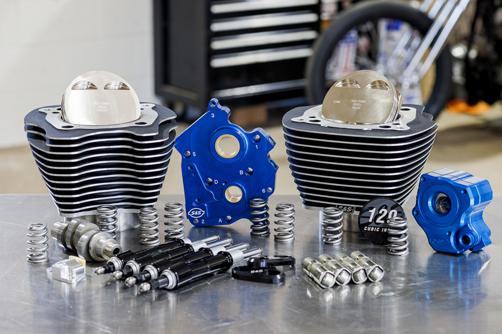 S&S CYCLE 129" Power Package Engine Performance Kit for M8 – Chain Drive, Oil Cooled, Highlighted Fins – Part 310-1225