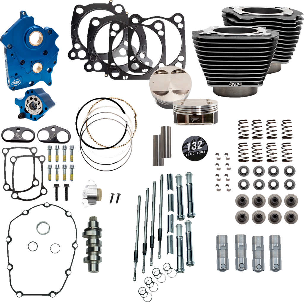 S&S CYCLE 132" Power Package Engine Performance Kit for M8 Engines - Chain Drive, Water Cooled with Highlighted Fins (Part #310-1235)