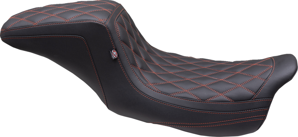 MUSTANG One Piece 2-Up Squareback Seat - Double Diamond - American Beauty Red/Orange Stitch - FL '08-'24 75299AB - Team Dream Rides