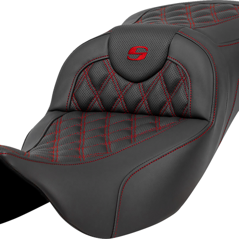 SADDLEMEN Extended Reach Roadsofa* Seat - Lattice Stitch - Red Stitch - without Backrest - FL '08-'23 A808-07B-184RED - Team Dream Rides