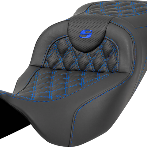 SADDLEMEN Extended Reach Roadsofa* Seat - Lattice Stitch - Blue Stitch - without Backrest - FL '08-'23 A808-07B-184BLU - Team Dream Rides