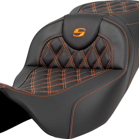 SADDLEMEN Extended Reach Roadsofa* Seat - Lattice Stitch - Orange Stitch - without Backrest - FL '08-'23 A808-07B-184ORA - Team Dream Rides