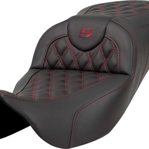 SADDLEMEN Extended Reach Roadsofa* Seat - Lattice Stitch - Burgundy Stitch - without Backrest - FL '08-'23 A808-07B-184BUR - Team Dream Rides