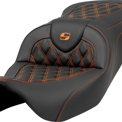 SADDLEMEN Roadsofa* Seat - Lattice Stitch - Orange Stitch - without Backrest - FLH/FLT '08-'23 A808-07B-182ORA - Team Dream Rides