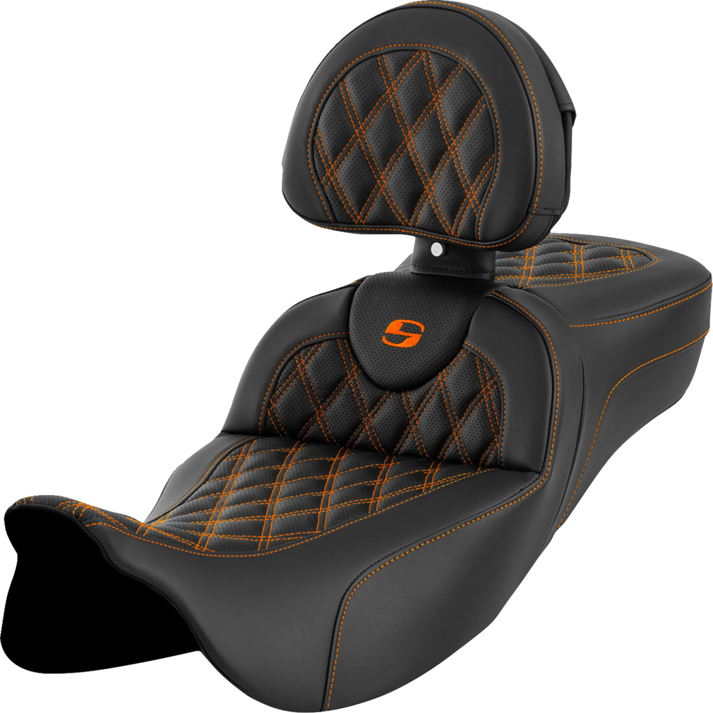 SADDLEMEN Roadsofa* Extended Reach Seat - Lattice Stitch - Orange Stitch - with Backrest - FL '08-'23 A808-07R-184ORA