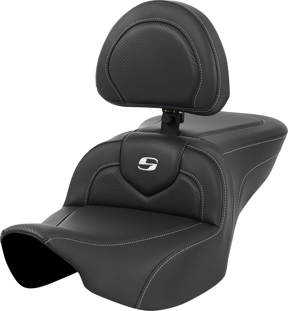 SADDLEMEN Roadsofa™ Seat with Backrest - Carbon Fiber Finish, Silver Stitch and Logo for FL 2023-2024 - Part 823-07-185BR