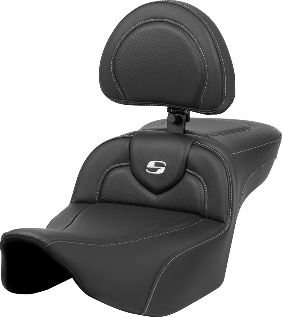 SADDLEMEN Roadsofa* Extended Reach Seat - Carbon Fiber - Silver Stitch/Silver Logo - w/ Backrest - FL '23-'24 823-07-186BR