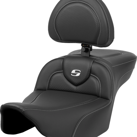 SADDLEMEN Roadsofa* Extended Reach Seat - Carbon Fiber - Silver Stitch/Silver Logo - w/ Backrest - FL '23-'24 823-07-186BR - Team Dream Rides