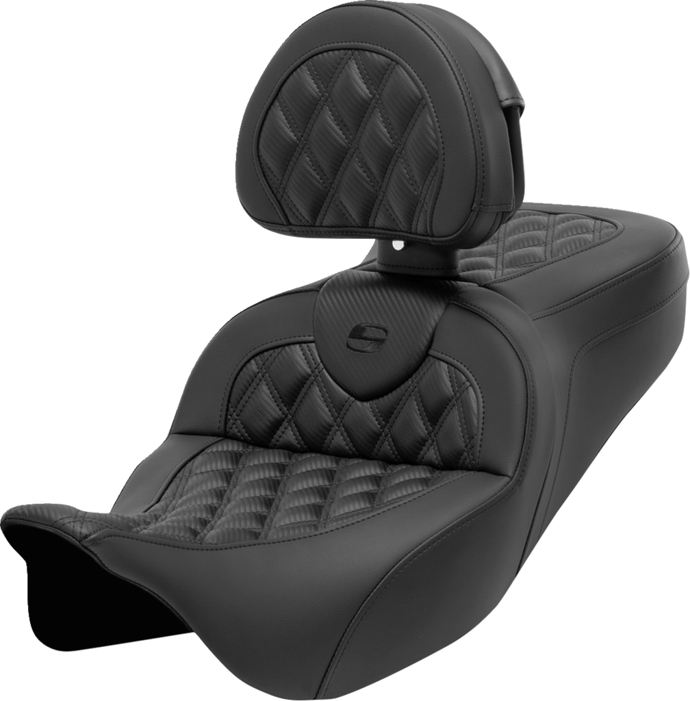 SADDLEMEN Roadsofa* Seat - with Backrest - Lattice Stitch - Carbon Fiber - FL '08-'23 808-07CF-182BR