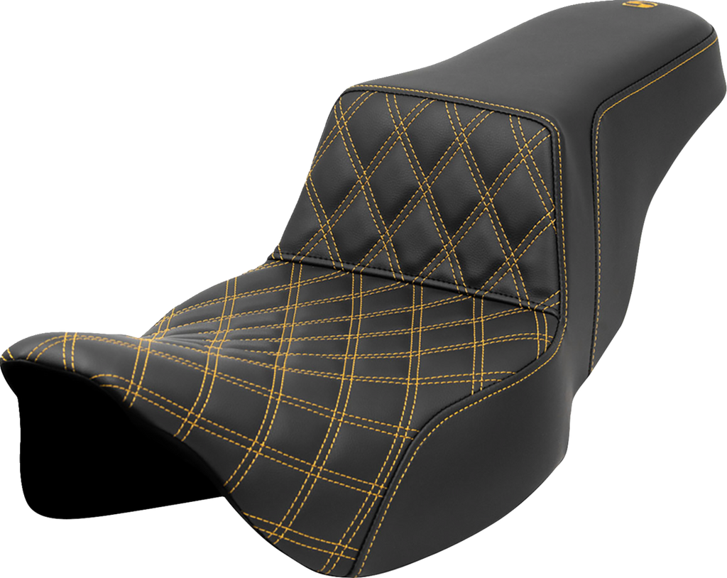 SADDLEMEN Step-Up Seat - Front Lattice Stitch - Gold Stitch - Extended Reach - FLH/FLT '08-'23 A808-07E-172GOL - Team Dream Rides