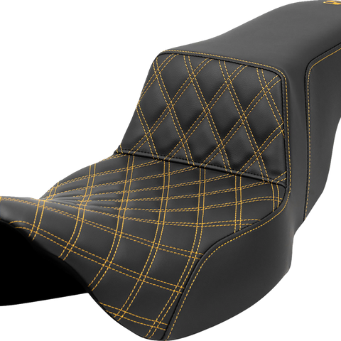 SADDLEMEN Step-Up Front Seat with Lattice Stitch and Gold Detailing for Harley FLH/FLT 2008-2023 – Part 808-07E-17207