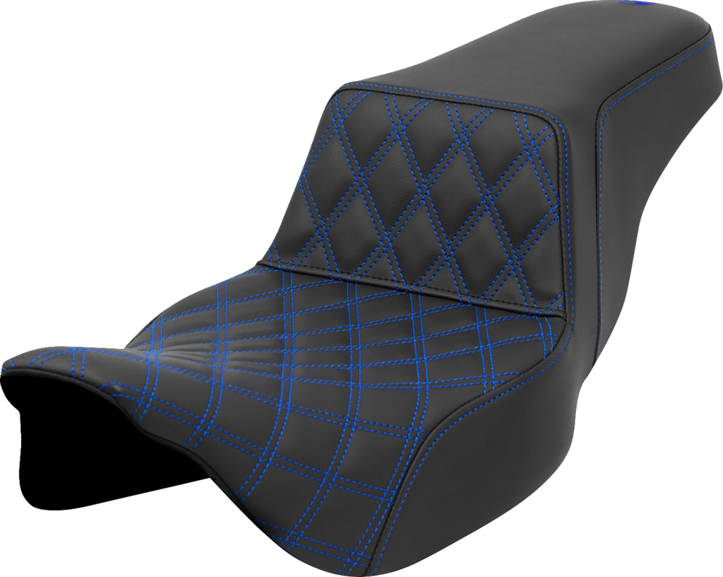 SADDLEMEN Step-Up Seat - Front Lattice Stitch - Blue Stitch - Extended Reach - FLH/FLT '08-'23 A808-07E-172BLU - Team Dream Rides