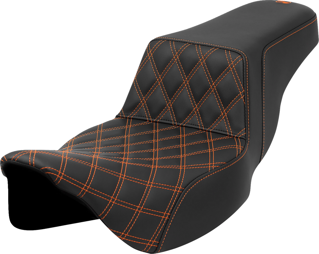 SADDLEMEN Step-Up Seat - Front Lattice Stitch - Orange Stitch - Extended Reach - FLH/FLT '08-'23 A808-07E-172ORA - Team Dream Rides