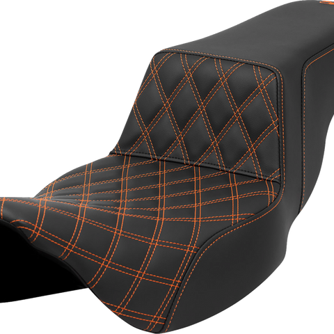 SADDLEMEN Step-Up Seat - Front Lattice Stitch - Orange Stitch - Extended Reach - FLH/FLT '08-'23 A808-07E-172ORA - Team Dream Rides