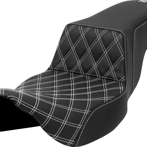 SADDLEMEN Step-Up Seat - Front Lattice Stitch - White Stitch - Extended Reach - FLH/FLT '08-'23 A808-07E-172WHI - Team Dream Rides