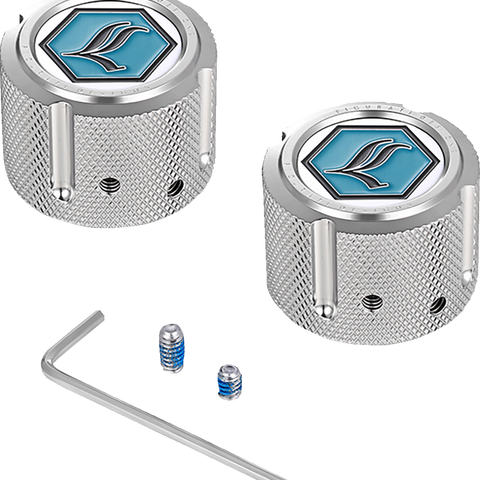 FIGURATI DESIGNS Axle Nut Cover - Front - Stainless Steel - Legends Suspension Logo - Silver FD02-FAC-SS - Team Dream Rides