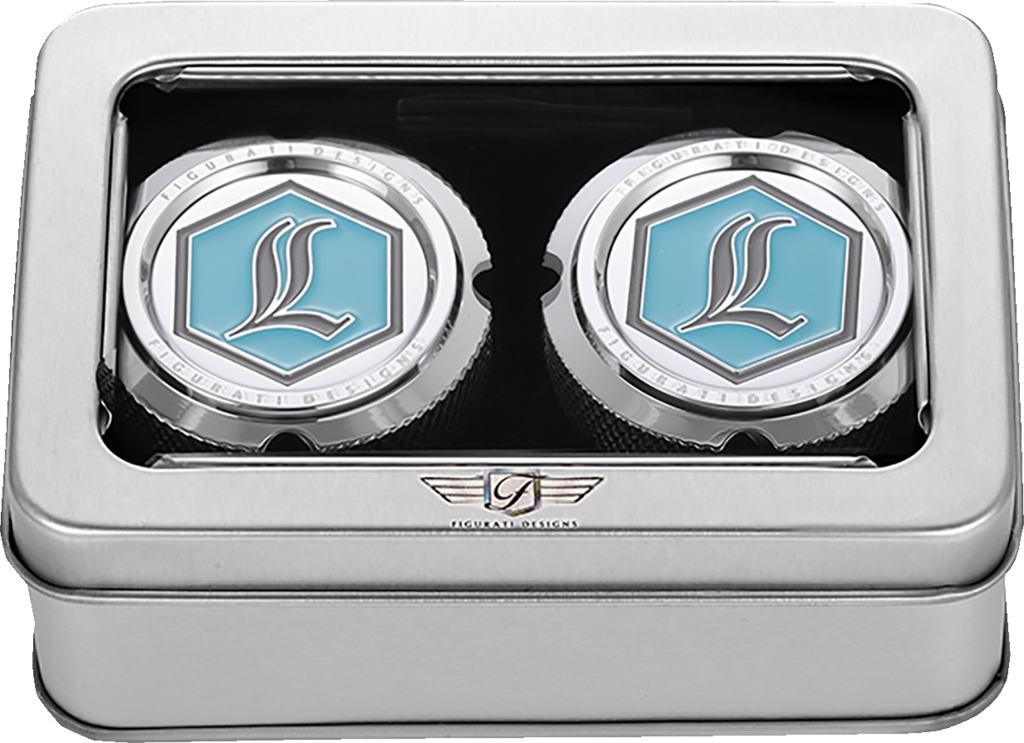 FIGURATI DESIGNS Axle Nut Cover - Front - Stainless Steel - Legends Suspension Logo - Silver FD02-FAC-SS - Team Dream Rides