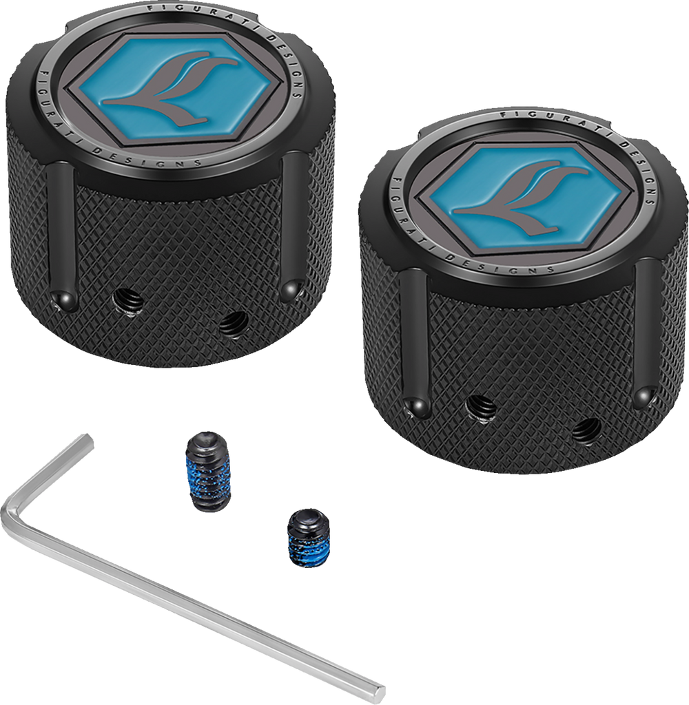 FIGURATI DESIGNS Axle Nut Cover - Front - Stainless Steel - Legends Suspension Logo - Black FD02-FAC-BLK - Team Dream Rides