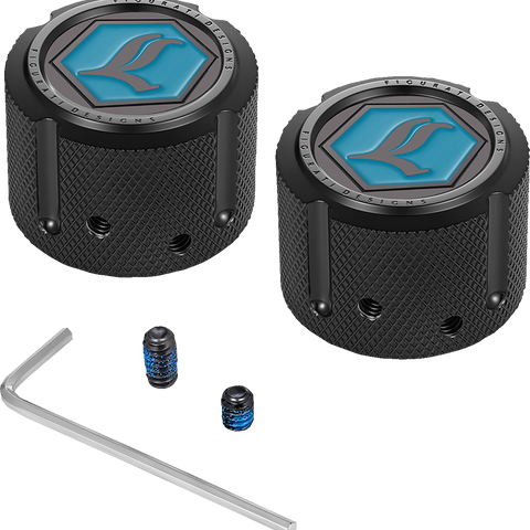 FIGURATI DESIGNS Axle Nut Cover - Front - Stainless Steel - Legends Suspension Logo - Black FD02-FAC-BLK - Team Dream Rides