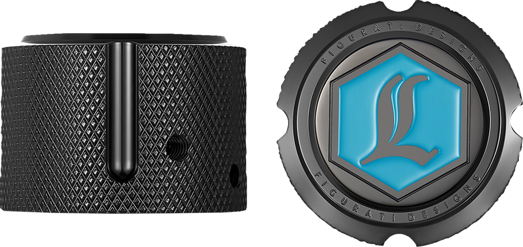 FIGURATI DESIGNS Axle Nut Cover - Front - Stainless Steel - Legends Suspension Logo - Black FD02-FAC-BLK - Team Dream Rides