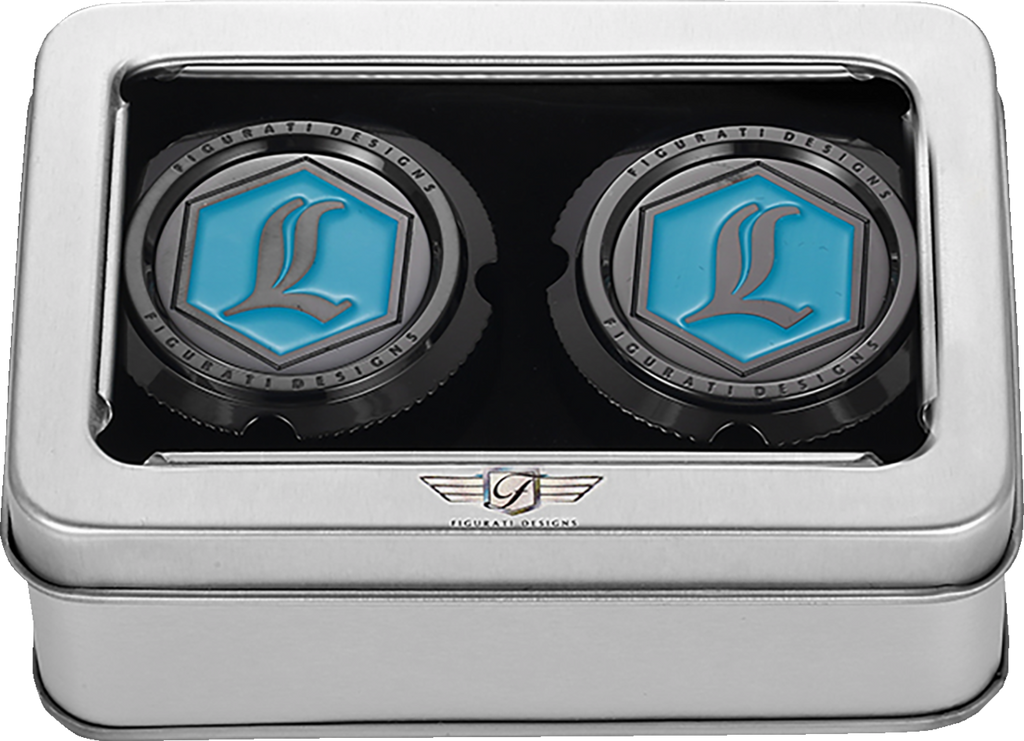 FIGURATI DESIGNS Axle Nut Cover - Front - Stainless Steel - Legends Suspension Logo - Black FD02-FAC-BLK - Team Dream Rides