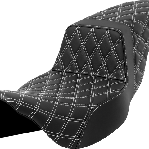 SADDLEMEN Step-Up Seat - Lattice Stitch - White Stitch - Extended Reach - FLH/FLT '08-'23 A808-07E-175WHI - Team Dream Rides