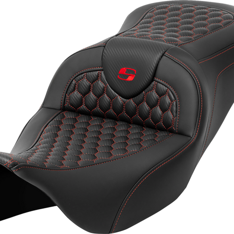 SADDLEMEN RoadSofa* Seat - Honeycomb - Red Stitch - without Backrest - FLH/FLT '08-'23 A808-07B-189RED - Team Dream Rides