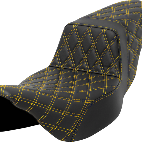 SADDLEMEN Step-Up Seat - Lattice Stitch - Gold Stitch - Extended Reach - FLH/FLT '08-'23 A808-07E-175GOL - Team Dream Rides