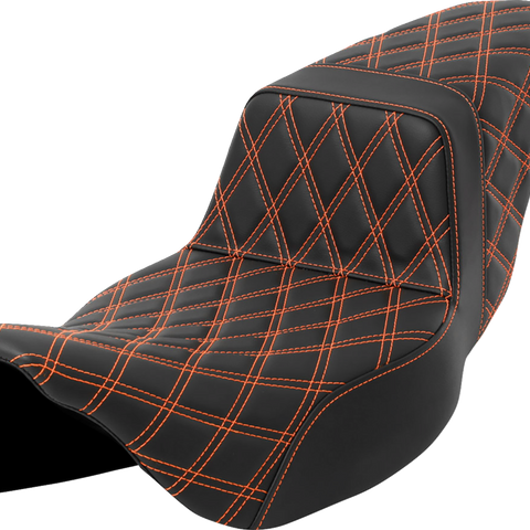 SADDLEMEN Step-Up Seat - Lattice Stitch - Orange Stitch - Extended Reach - FLH/FLT '08-'23 A808-07E-175ORA - Team Dream Rides