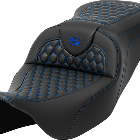 SADDLEMEN RoadSofa™ Seat with Honeycomb Pattern and Blue Stitch for FLH/FLT 2008-2023 – Part 808-07B-18901