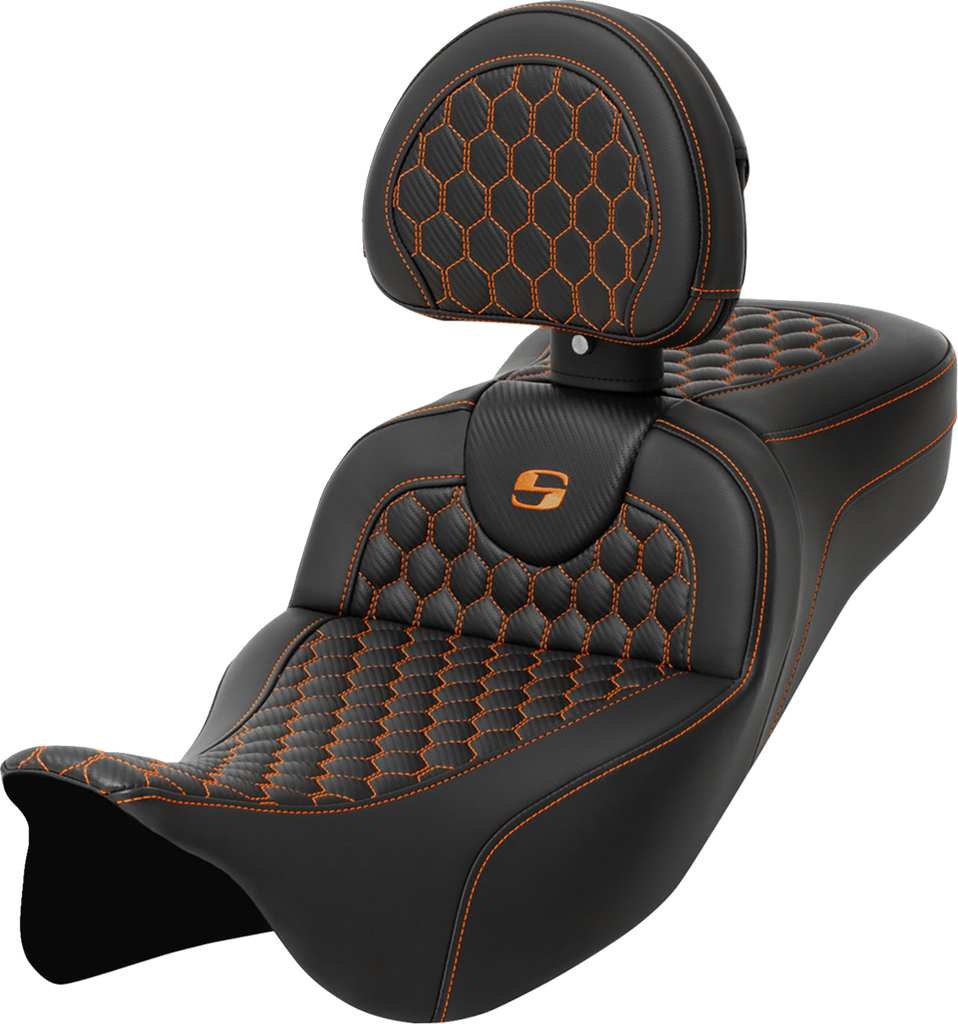 SADDLEMEN RoadSofa* Seat - Honeycomb - Orange Stitch - with Backrest - Extended Reach - FLH/FLT '08-'23 A808-07R-190ORA