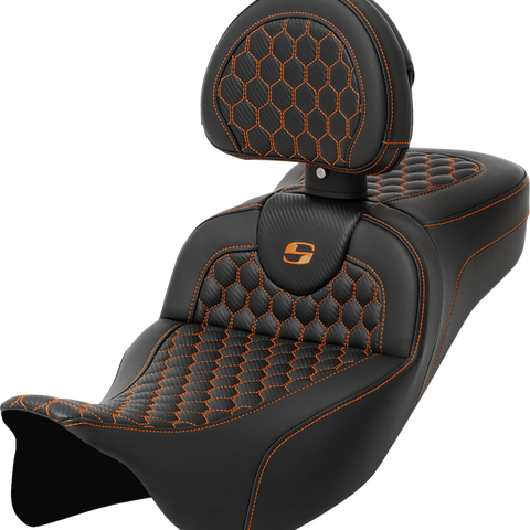 SADDLEMEN RoadSofa™ Seat with Honeycomb Cover and Backrest for FLH/FLT 2008-2024 – Orange Stitch, Part 808-07B-190B3