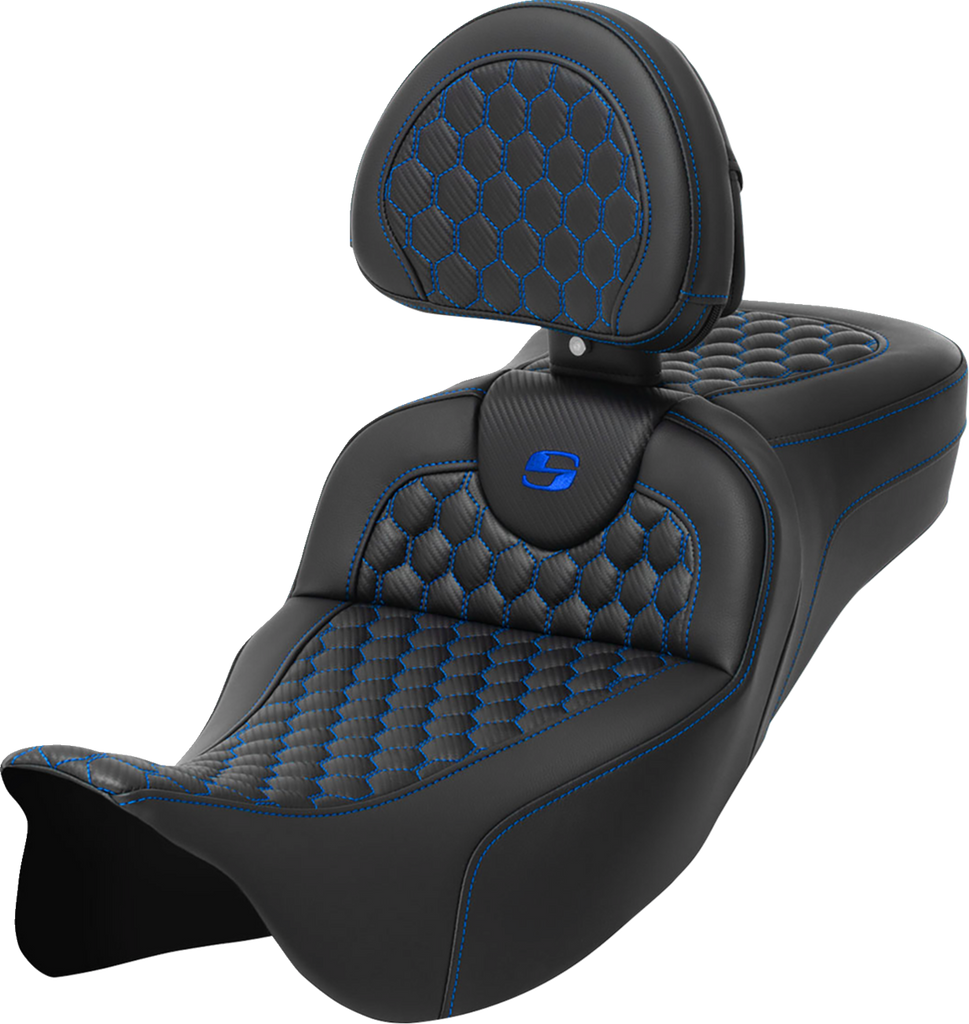 SADDLEMEN RoadSofa* Seat - Honeycomb - Blue Stitch - with Backrest - Extended Reach - LH/FLT '08-'23 A808-07R-190BLU