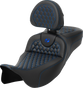 SADDLEMEN RoadSofa™ Seat with Backrest for FLH/FLT 2008-2024, Honeycomb Blue Stitch - Part 808-07B-190B1