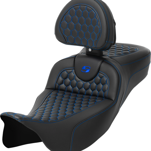 SADDLEMEN RoadSofa™ Seat with Backrest for FLH/FLT 2008-2024, Honeycomb Blue Stitch - Part 808-07B-190B1