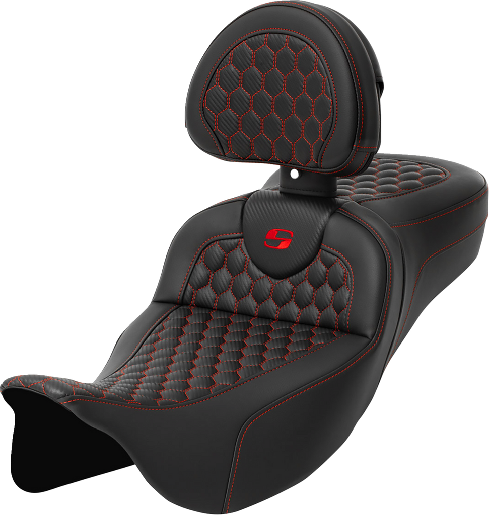 SADDLEMEN RoadSofa* Seat - Honeycomb - Red Stitch - with Backrest - Extended Reach - FLH/FLT '08-'23 A808-07R-190RED