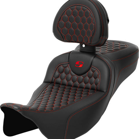 SADDLEMEN RoadSofa™ Seat with Honeycomb Cover and Backrest for FLH/FLT 2008-2024, Part 808-07B-190B4