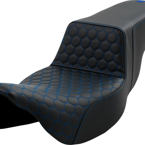 SADDLEMEN Step-Up Seat - Honeycomb - Extended Reach - Blue Stitching - FL '08-'23 A808-07B-178BLU - Team Dream Rides